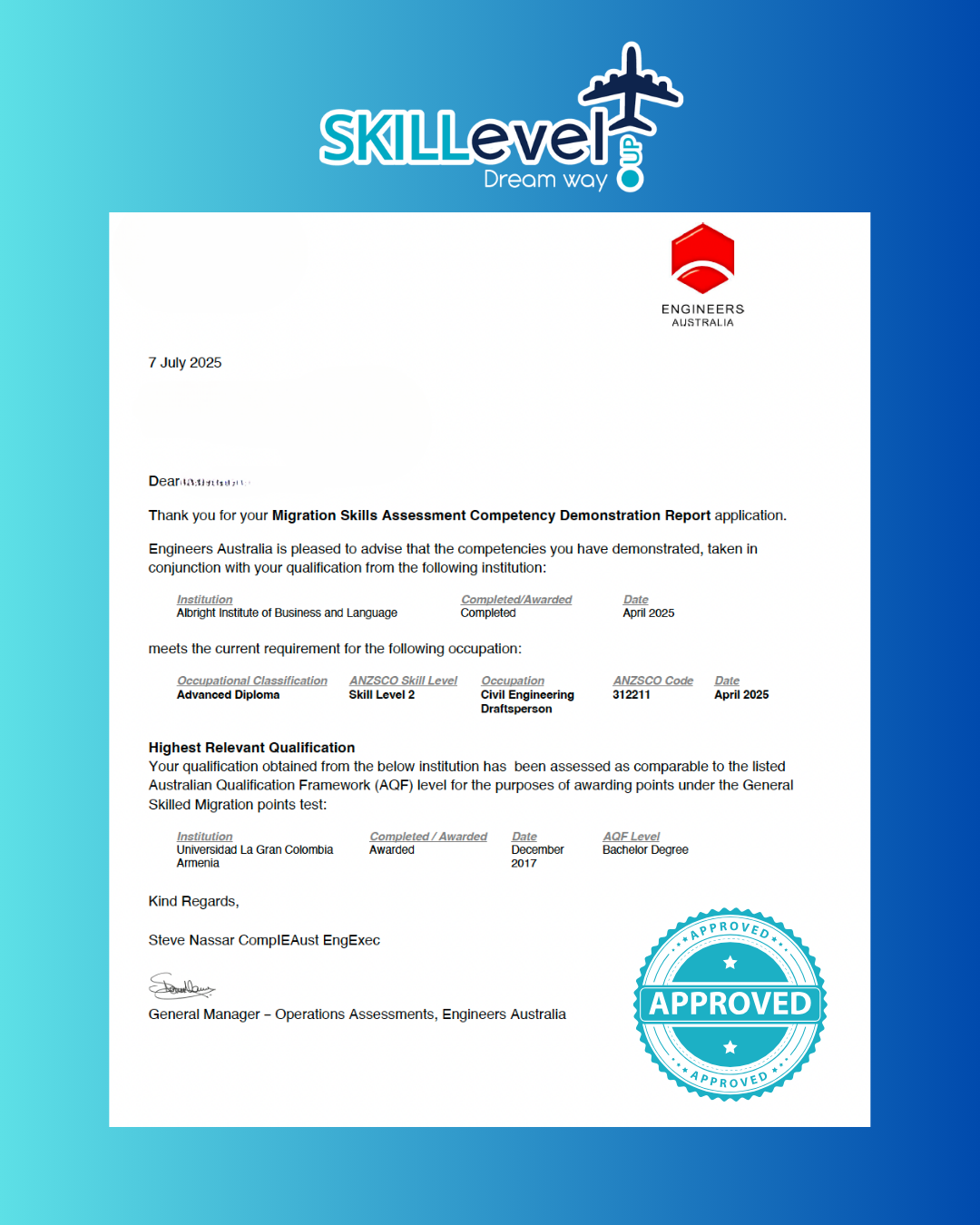 Outcome Letter Engineers Australia — Civil Engineering Draftsperson