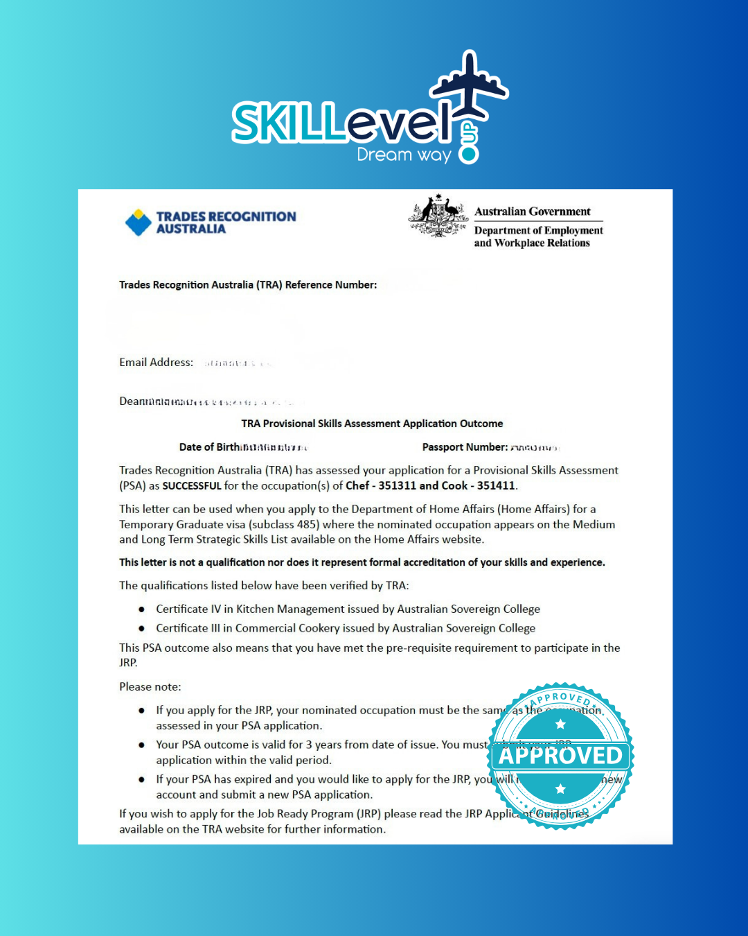 Outcome Letter TRA — Chef y Cook Provisional Skills Assessment