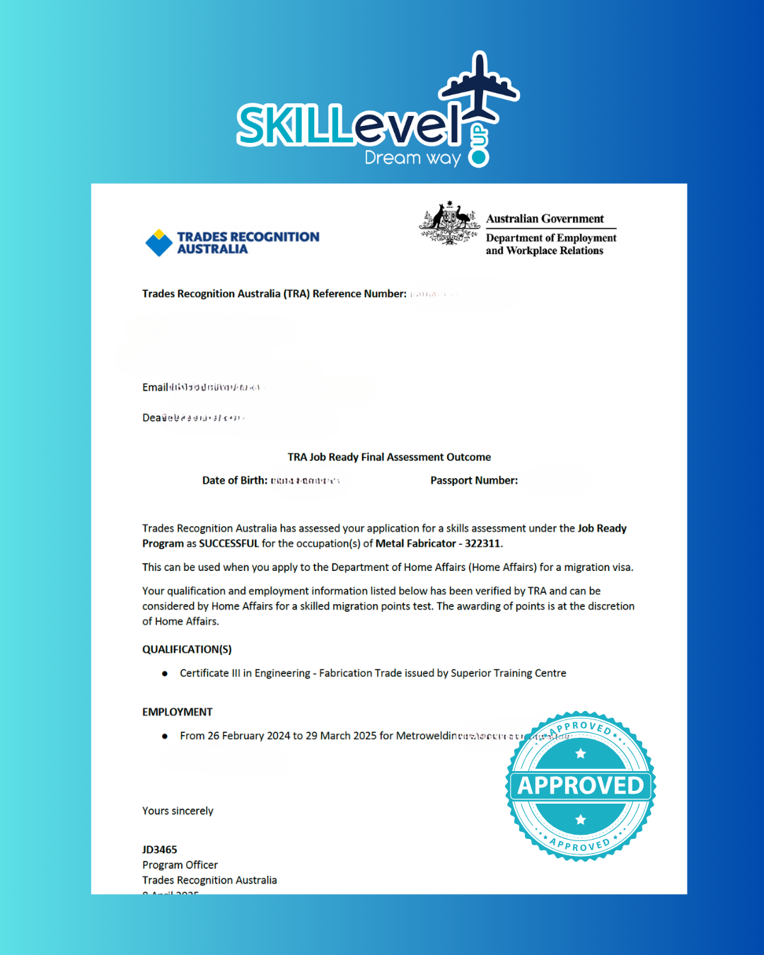 Outcome Letter VETASSESS — Qualifications Assessment Positive